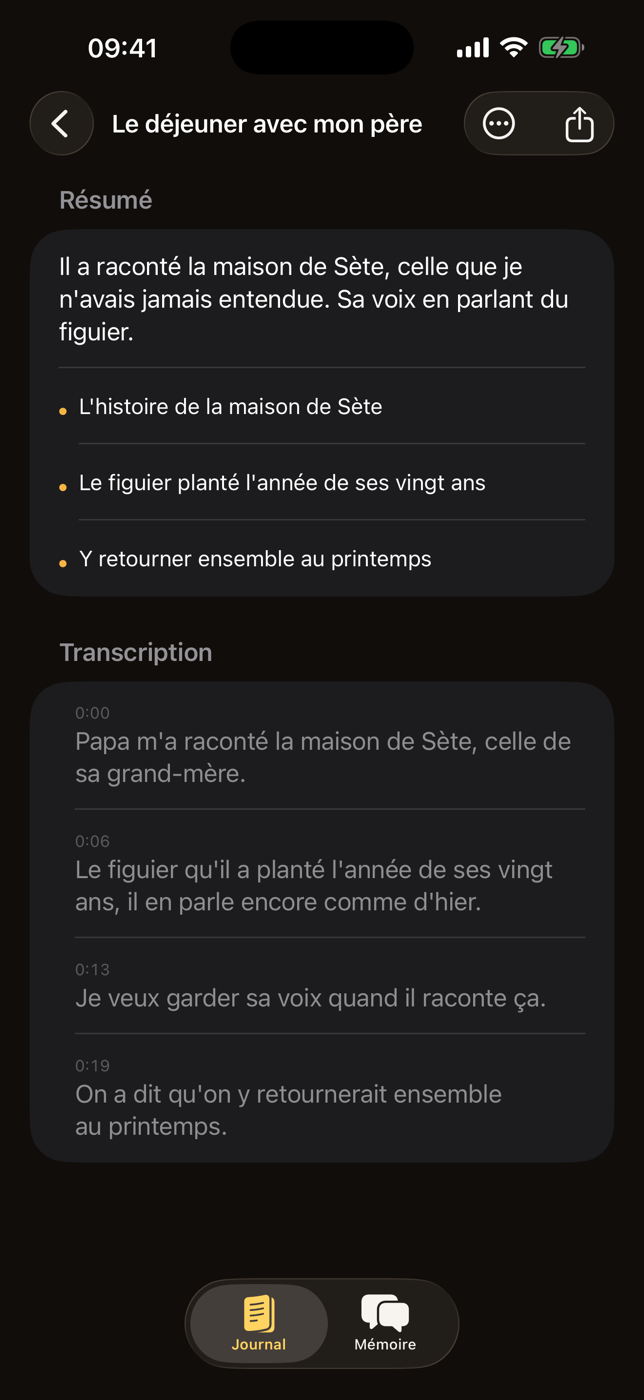 A day in Capsule: the summary written from your voice, and the transcript